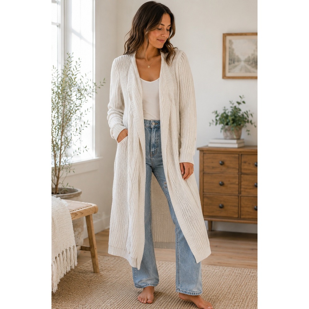 ELLIATT Ivory Ribbed Longline Duster Cardigan Back Cable Knit E2101621 Womens S